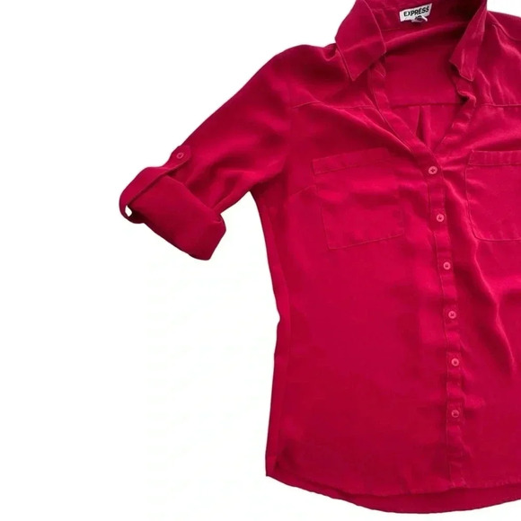 Express Women's Shirt Portofino Button Up Red V-Neck Long Sleeve Blouse Small - Picture 3 of 9